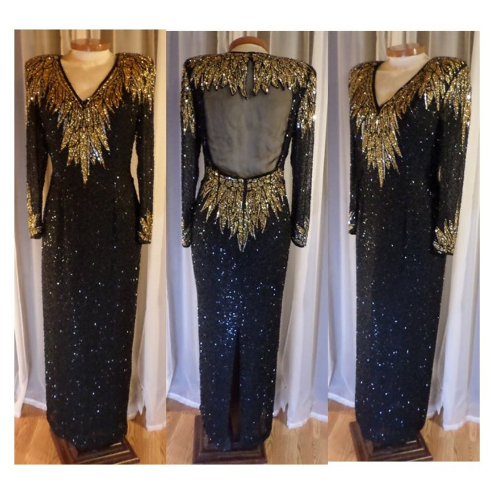Lady Long Silk Gown Sequin Bead Size 12 Black Gold